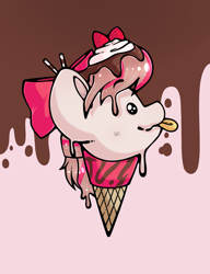 Size: 1291x1684 | Tagged: safe, artist:betawolfs, angel wings, ice cream pony, bow, chocolate, food, hair bow, ice cream cone, mlem, silly, solo, straw, strawberry, tongue out, whipped cream