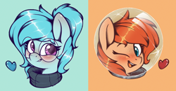 Size: 2394x1241 | Tagged: safe, artist:rexyseven, oc, oc only, oc:rusty gears, oc:whispy slippers, pony, blushing, bust, female, glasses, helmet, mare, one eye closed, portrait, wink