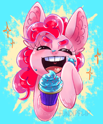 Size: 852x1030 | Tagged: safe, artist:fundipflip, derpibooru import, pinkie pie, earth pony, pony, bust, cupcake, cute, diapinkes, ear fluff, eyelashes, eyes closed, female, food, hoof hold, mare, open mouth, smiling, solo