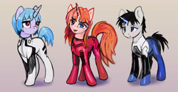 Size: 6190x3182 | Tagged: safe, artist:xbi, pony, unicorn, bodysuit, crossover, female, gradient background, looking at you, male, mare, neon genesis evangelion, plugsuit, ponified, rei ayanami, shinji ikari, souryuu asuka langley, stallion, trio