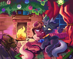 Size: 3040x2448 | Tagged: safe, artist:saxopi, oc, oc only, oc:flavis, oc:flechette, changeling, christmas, christmas changeling, fireplace, golden eyes, holiday, red changeling, yellow changeling