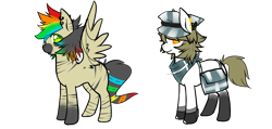 Size: 1407x672 | Tagged: safe, artist:ad-opt, oc, oc only, earth pony, hybrid, pony, zony, bag, base used, duo, ear piercing, earring, earth pony oc, hat, jewelry, male, multicolored hair, neckerchief, piercing, rainbow hair, saddle bag, simple background, socks (coat marking), stallion, transparent background, wings, zebra pegasus