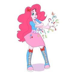 Size: 1080x1080 | Tagged: safe, alternate version, artist:poutybun_draws, pinkie pie, equestria girls, boots, bow, clothes, confetti, cutie mark, cutie mark on clothes, dress, hair bow, one eye closed, shoes, simple background, solo, white background, wink