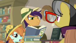 Size: 1920x1080 | Tagged: safe, screencap, a.k. yearling, daring do, peach fuzz, earth pony, pegasus, pony, daring doubt, book, bookshelf, cape, confused, endeavour, female, filly, glasses, hat, male, mare, peach confuzz, sad, sadie fuzz, safari hat, she does, shelf, stallion