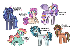Size: 3600x2400 | Tagged: safe, artist:dreamscapevalley, princess skyla, oc, oc:birthday bash, oc:princess serena, oc:sonara terracotta, oc:sunny apple, alicorn, earth pony, pegasus, pony, unicorn, curved horn, derp, female, horn, magical lesbian spawn, mare, next generation, offspring, parent:applejack, parent:braeburn, parent:cheese sandwich, parent:marble pie, parent:pinkie pie, parent:rainbow dash, parents:appledash, parents:braeble, parents:cheesepie, parents:hopebra, redesign, simple background, tail wrap, tongue out, wall eyed, watermark, white background