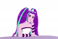 Size: 3000x2000 | Tagged: safe, artist:albertbm, aria blaze, equestria girls, bare shoulders, blushing, doodle, looking at you, simple background, sleeveless, smiling, strapless, white background