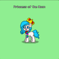 Size: 419x421 | Tagged: safe, artist:falcodash107, oc, oc only, pony, 8-bit, blue mane, clothes, crown, happy, jewelry, long mane, pixel art, pony town, princess, regalia, scarf, short tail, simple background, smiling, standing, white