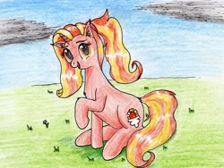 Size: 2607x1963 | Tagged: safe, artist:40kponyguy, derpibooru exclusive, luster dawn, pony, unicorn, ear fluff, female, grass, looking at you, mare, ponytail, raised hoof, requested art, simple background, solo, traditional art