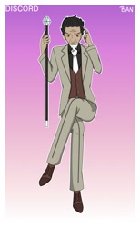 Size: 1920x3120 | Tagged: safe, artist:banquo0, discord, human, art pack:my little persona, cane, clothes, humanized, male, shoes, solo, suit