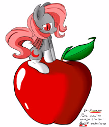 Size: 2350x2750 | Tagged: safe, artist:hisp, oc, oc only, oc:crimson soul, bat pony, apple, bat pony oc, bat wings, female, food, solo, spanish, translation request, wings