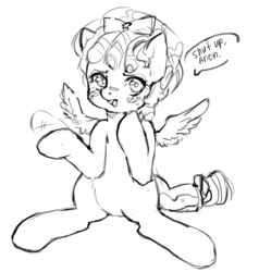 Size: 506x531 | Tagged: safe, artist:anonymous, cozy glow, pegasus, pony, /mlp/, 4chan, cozybetes, cute, dialogue, drawthread, female, filly, monochrome, open mouth, sitting, solo, speech bubble, tsundere