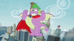 Size: 1280x720 | Tagged: safe, artist:abion47, artist:aleximusprime, artist:disneymarvel96, edit, spike, dragon, brooch, cape, chubby spike, city, clothes, flying, manehattan, muscles, older, older spike, solo, superhero, superman, vector, vector edit, winged spike