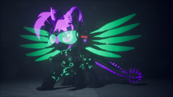 Size: 3840x2160 | Tagged: safe, artist:phoenixtm, oc, oc:phoenix stardash, cyborg, dracony, dragon, hybrid, pony, 3d, battle stance, glow, minigun, spread wings, unreal engine, visor, weapon, wings