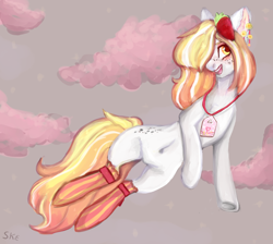 Size: 2912x2612 | Tagged: safe, artist:ske, oc, oc only, earth pony, pony, belly button, clothes, ear fluff, freckles, hair accessory, hair over one eye, open mouth, smiling, socks, solo