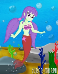 Size: 1632x2071 | Tagged: safe, artist:cyber-murph, starlight, mermaid, equestria girls, background human, belly, belly button, coral, cute, cutie mark necklace, jewelry, mermaidized, midriff, necklace, pigtails, rock, seaweed, shell bra, species swap, twintails, underwater