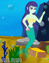 Size: 1616x2060 | Tagged: safe, artist:cyber-murph, blueberry cake, mermaid, equestria girls, background human, belly, belly button, breasts, busty blueberry cake, cleavage, coral, cute, hand on hip, lidded eyes, mermaidized, midriff, rock, seaweed, shell bra, species swap, underwater