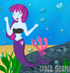 Size: 2217x2304 | Tagged: safe, artist:cyber-murph, mystery mint, mermaid, equestria girls, background human, belly, belly button, coral, cute, eyes closed, mermaidized, midriff, rock, seaweed, species swap, underwater
