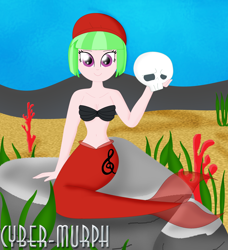 Size: 2736x3000 | Tagged: safe, artist:cyber-murph, drama letter, watermelody, mermaid, equestria girls, background human, belly, belly button, beret, coral, cute, hat, mermaidized, midriff, rock, seaweed, shell bra, signature, sitting, skull, species swap, underwater