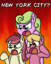 Size: 2400x3000 | Tagged: safe, artist:saburodaimando, daisy, flower wishes, lily, lily valley, roseluck, angry, fire background, flower trio, new york city, outrage, pace, pace salsa, salsa