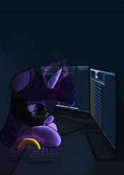 Size: 1200x1686 | Tagged: safe, artist:vultraz, twilight sparkle, unicorn twilight, pony, unicorn, banana, computer screen, female, food, hacking, keyboard, levitation, magic, mare, ski mask, solo, telekinesis