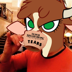 Size: 1000x1008 | Tagged: safe, arizona cow, cow, them's fightin' herds, community related, cup, drinking tears, harsher in hindsight, hasbro, hideo kojima, meme, nintendo, op is a cuck, smash bros ultimate, solo, super smash bros., super smash bros. ultimate, video game