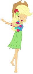 Size: 3000x6612 | Tagged: safe, artist:discorded, edit, applejack, equestria girls, shake your tail, barefoot, clothes, feet, flower, grass skirt, hawaiian, hawaiian flower in hair, hula, hulajack, humanized, lei, simple background, skirt, solo, transparent background, vector
