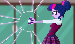 Size: 4574x2705 | Tagged: safe, artist:dancingmylifeaway, sci-twi, twilight sparkle, equestria girls, friendship games, blurry background, canterlot high, clothes, device, female, glasses, magic, magic capture device, redraw, school uniform, solo, unleash the magic, wide eyes