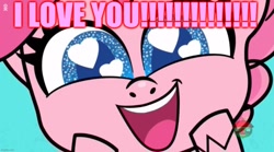 Size: 1146x638 | Tagged: safe, derpibooru import, edit, edited screencap, screencap, pinkie pie, earth pony, pony, my little pony: pony life, caption, chocolate with nuts, cute, diapinkes, excessive exclamation marks, heart eyes, i love you, image macro, looking at you, love, spongebob squarepants, talking to viewer, text, treehouse logo, wingding eyes