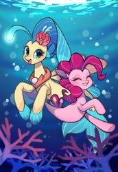 Size: 1470x2140 | Tagged: safe, artist:ikirunosindo, derpibooru import, pinkie pie, princess skystar, seapony (g4), my little pony: the movie, bubble, coral, cute, diapinkes, duo, eyelashes, female, fins, fish tail, flower, flower in hair, looking at you, open mouth, seaponified, seapony pinkie pie, skyabetes, smiling, species swap, swimming, underwater, water