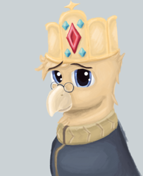 Size: 2480x3055 | Tagged: safe, artist:tekggd, oc, oc only, oc:grover vi, griffon, equestria at war mod, beak, bust, clothes, crown, glasses, gray background, jewelry, male, portrait, regalia, simple background, solo