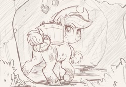 Size: 1200x834 | Tagged: safe, artist:ncmares, derpibooru import, applejack, earth pony, pony, apple, apple tree, bucket, cowboy hat, female, food, hat, looking back, mare, monochrome, muddy hooves, pencil drawing, sketch, solo, tail bun, traditional art, tree