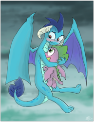 Size: 2550x3300 | Tagged: safe, artist:loreto-arts, princess ember, spike, dragon, gauntlet of fire, blushing, cute, emberbetes, emberspike, female, hug, male, protecting, remake, shipping, spikelove, straight