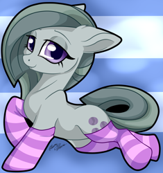 Size: 2944x3133 | Tagged: safe, artist:gleamydreams, marble pie, earth pony, pony, clothes, cute, female, floppy ears, lidded eyes, looking at you, marblebetes, mare, smiling, socks, solo, striped socks