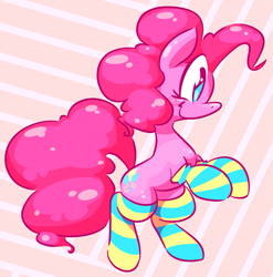 Size: 869x881 | Tagged: safe, artist:nancybigots, derpibooru import, pinkie pie, earth pony, pony, abstract background, clothes, cute, diapinkes, female, mare, profile, rearing, smiling, socks, solo, striped socks
