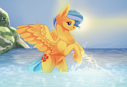 Size: 1194x818 | Tagged: safe, artist:kinvil, oc, oc:ocean shore, pegasus, commission, commissioner:th3bluerose, eyes closed, female, ocean, pegasus oc, playing, rearing, socks (coat marking), splashing, wings, ych result