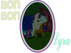 Size: 900x672 | Tagged: safe, artist:killkatt, bon bon, lyra heartstrings, sweetie drops, earth pony, pony, unicorn, bench, cutie mark, digital art, female, horn, lesbian, lyrabon, mare, night, shipping, simple background, text, transparent background, tree, wings