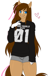 Size: 500x780 | Tagged: safe, artist:kitsunewaffles-chan, oc, oc only, anthro, earth pony, anthro oc, clothes, commission, digital art, female, heart, looking at you, mare, shirt, shorts, simple background, smiling, smiling at you, solo, sweatshirt, thighs, white background