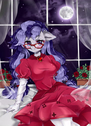 Size: 4000x5500 | Tagged: safe, artist:manekoart, oc, oc only, oc:cinnabyte, anthro, earth pony, adorasexy, adorkable, anthro oc, blushing, clothes, cute, dork, dress, evening gloves, female, glasses, gloves, long gloves, looking at you, mare, moonlight, sexy, smiling