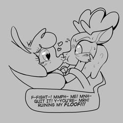 Size: 1948x1948 | Tagged: safe, artist:shelbysmol, paprika paca, velvet reindeer, alpaca, deer, reindeer, them's fightin' herds, cloven hooves, community related, doe, female, forced kiss, gray background, grayscale, heart eyes, kissing, lesbian, monochrome, one sided shipping, remake, shipping, shipping denied, simple background, speech bubble, that alpaca sure does love kisses, velverika, wide eyes, wingding eyes