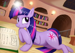 Size: 3508x2480 | Tagged: safe, artist:neoshrek, twilight sparkle, unicorn twilight, pony, unicorn, book, female, golden oaks library, magic, mare, prone, solo