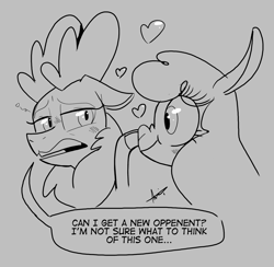 Size: 2345x2293 | Tagged: safe, artist:shelbysmol, paprika paca, velvet reindeer, alpaca, deer, reindeer, them's fightin' herds, boop, cloven hooves, community related, doe, female, gray background, grayscale, lesbian, monochrome, one sided shipping, shipping, shipping denied, simple background, speech bubble, velverika