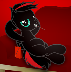 Size: 6562x6600 | Tagged: safe, artist:agkandphotomaker2000, oc, oc:arnold the pony, pegasus, pony, arm behind head, crossed legs, food, pocky, red and black mane, red and black oc, show accurate, simple background, sofa