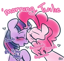 Size: 1500x1435 | Tagged: safe, artist:lou, derpibooru import, pinkie pie, twilight sparkle, earth pony, pony, unicorn, blushing, cute, dialogue, eyes closed, female, forehead kiss, heart, kissing, lesbian, mare, shipping, smiling, twinkie