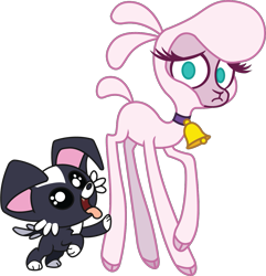 Size: 1173x1218 | Tagged: safe, artist:mane6, pom lamb, dog, lamb, sheep, them's fightin' herds, bell, bell collar, blue eyes, cloven hooves, collar, community related, cute, duo, female, frown, green eyes, looking at you, nervous, no pupils, puppy, raised hoof, simple background, solo, transparent background, vector