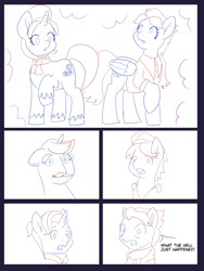 Size: 6000x8000 | Tagged: safe, artist:chedx, firelight, hondo flanks, snap shutter, wind rider, oc, oc:fiery feather, oc:scorching snicker-doodle, earth pony, pegasus, pony, unicorn, comic:the other grandparents, butt, carousel boutique, clothes, comic, commissioner:bigonionbean, confused, cutie mark, facial hair, female, fusion, fusion:fiery feather, fusion:scorching snicker-doodle, hat, jewelry, magic, male, mare, merge, merging, potion, sketch, sketch dump, stallion, writer:bigonionbean
