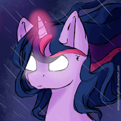 Size: 900x900 | Tagged: safe, artist:wintershibe, twilight sparkle, pony, bust, glowing eyes, glowing horn, horn, portrait, rain, solo, white eyes, windswept mane