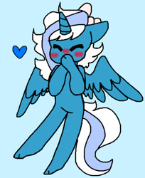 Size: 692x849 | Tagged: safe, artist:the-devils-den, oc, oc:fleurbelle, alicorn, alicorn oc, bipedal, blue background, blushing, bow, female, giggling, hair bow, heart, horn, mare, simple background, wings