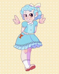 Size: 1024x1285 | Tagged: safe, artist:octolass, cozy glow, human, arm behind back, clothes, cozybetes, cute, dress, female, floating wings, humanized, smiling, solo, winged humanization, wings