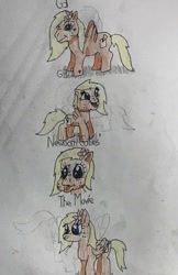 Size: 587x905 | Tagged: safe, artist:whistle blossom, oc, oc:whistle blossom, pegasus, pony, g3, g3.5, my little pony: the movie, newborn cuties, adoracreepy, baby, baby pony, braces, creepy, cute, female, filly, flower, flower in hair, foal, freckles, g4 to g3, g4 to g3.5, generation leap, multeity, open mouth, simple background, smiling, solo, standing, text, traditional art, whistlebetes, white background