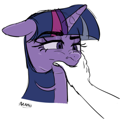 Size: 770x724 | Tagged: safe, artist:azamiii, twilight sparkle, human, pony, hand, simple background, twilight is not amused, unamused, white background